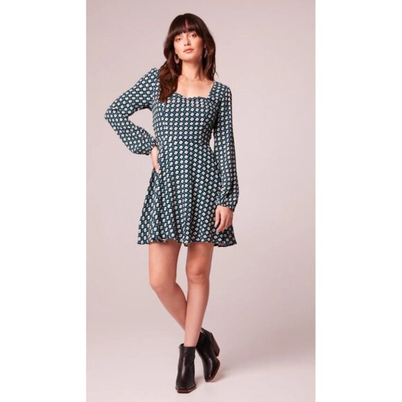 Band of the Free NWT Genevieve Teal Diamond Long Sleeve Mini Dress Sz XS Blue - Picture 1 of 13